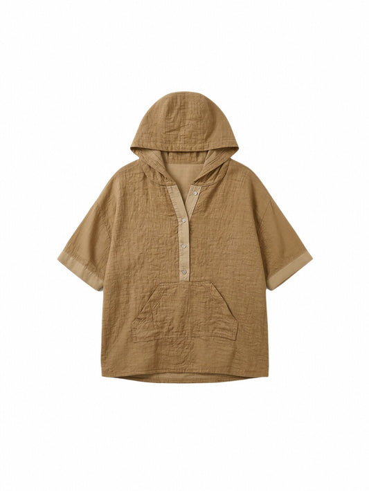 Women’s Linen Hooded Blouse – Relaxed Fit Button Front Linen Top with Pocket, Lightweight Summer Linen Shirt