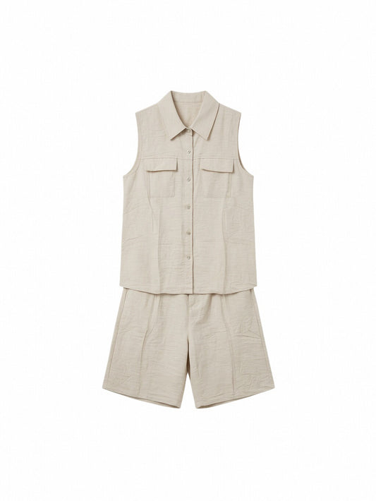 Women’s Linen Two-Piece Shorts Set – Sleeveless Button-Up Linen Shirt & Wide-Leg Shorts Co-Ord Summer Outfit