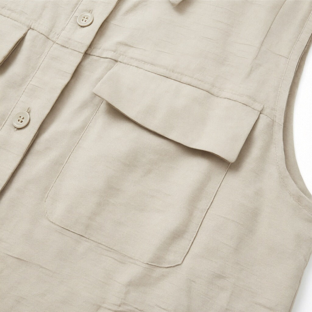 Women’s Linen Two-Piece Shorts Set – Sleeveless Button-Up Linen Shirt & Wide-Leg Shorts Co-Ord Summer Outfit