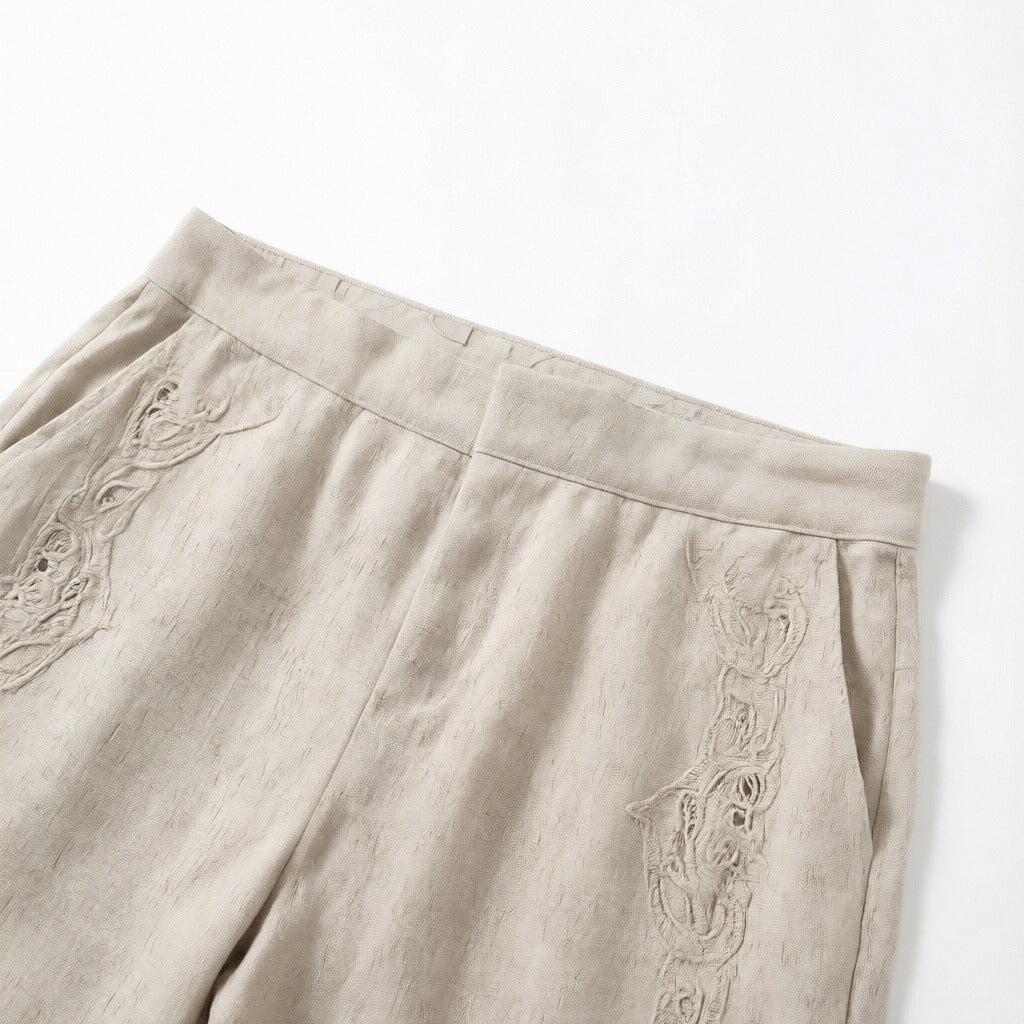 Women’s Embroidered Linen Two-Piece Set – Sleeveless Button-Up Linen Top & Lace Detail Shorts Summer Co-Ord Outfit