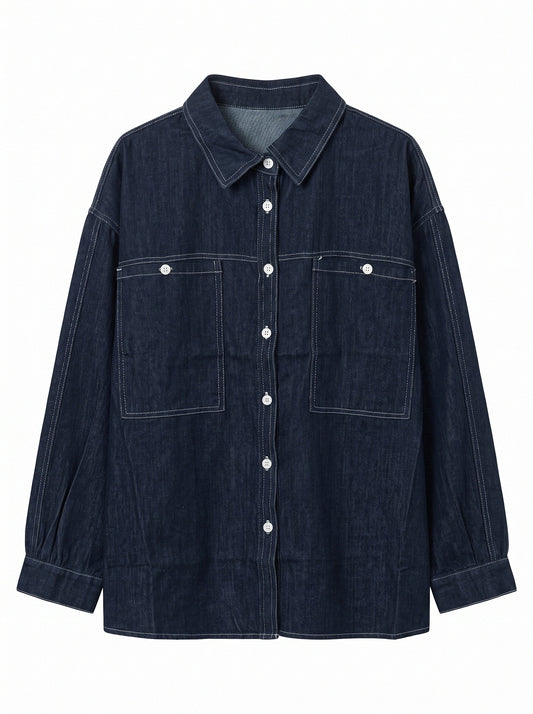 Women’s Oversized Dark Blue Denim Shirt with Large Front Pockets