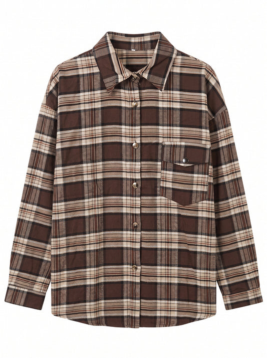 Women’s Oversized Plaid Shirt – Casual Check Long Sleeve Button-Up