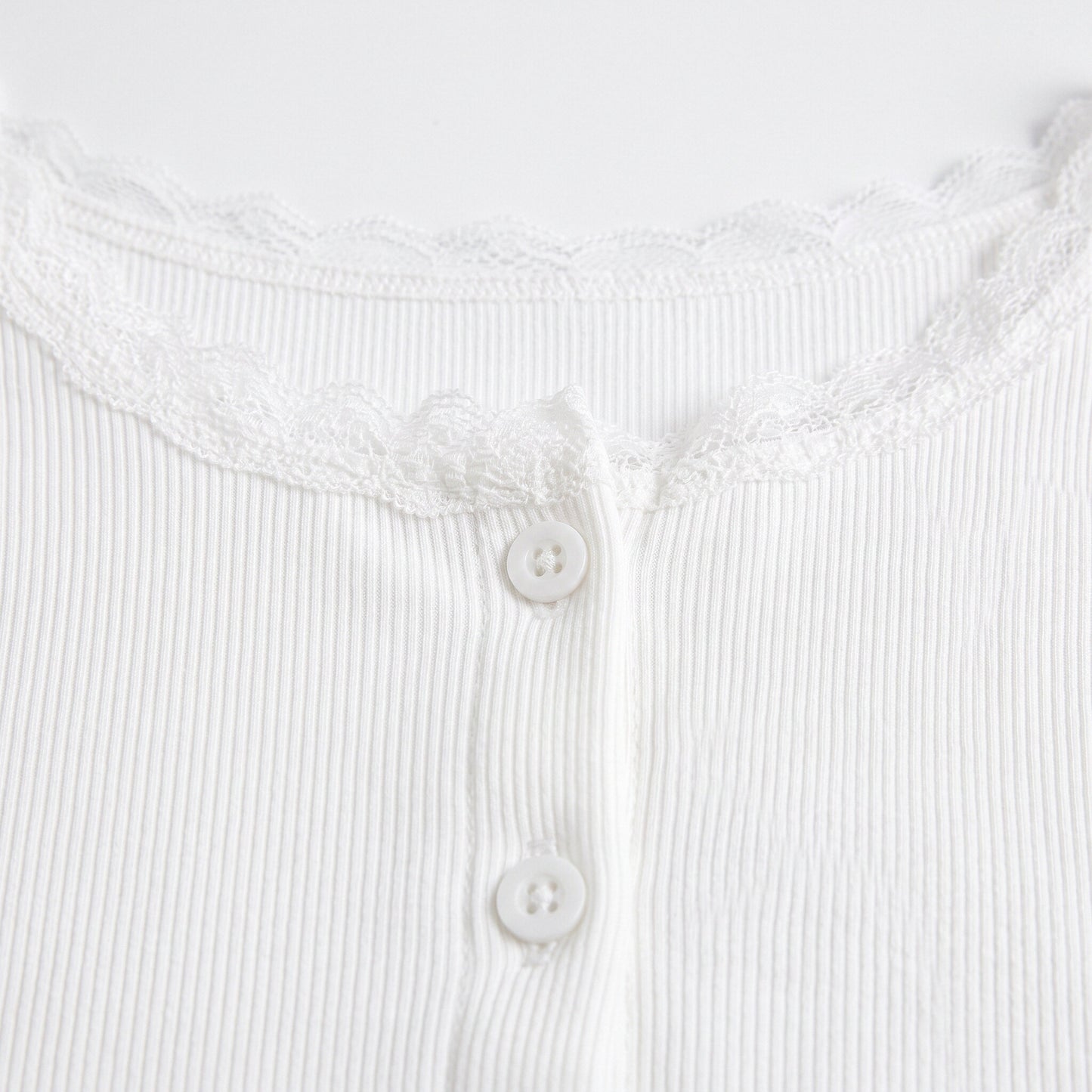 Women’s Lace Trim Ribbed Button Top – Long Sleeve Scoop Neck Cardigan