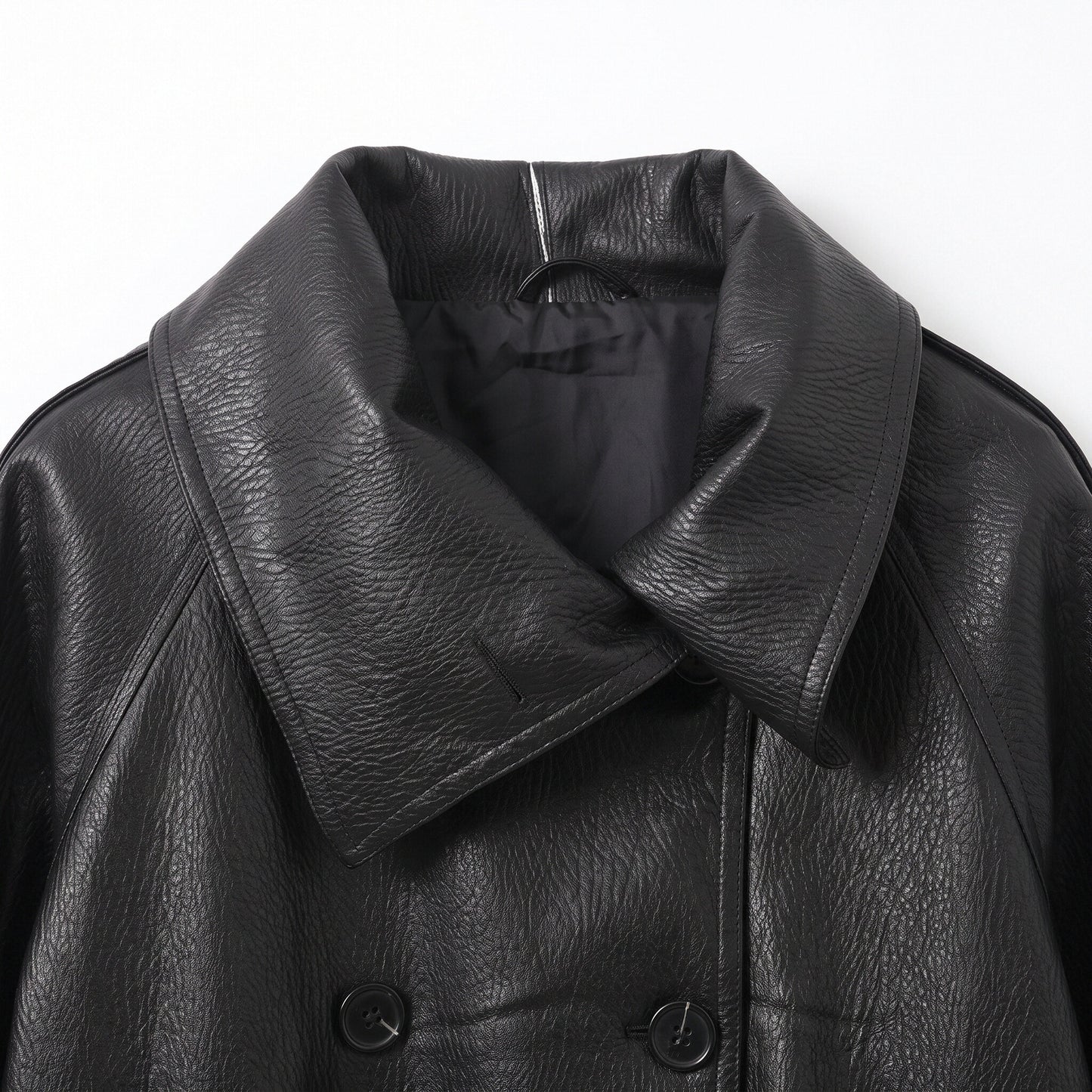 Oversized Black Faux Leather Jacket with Wide Lapels and Buckle Cuffs