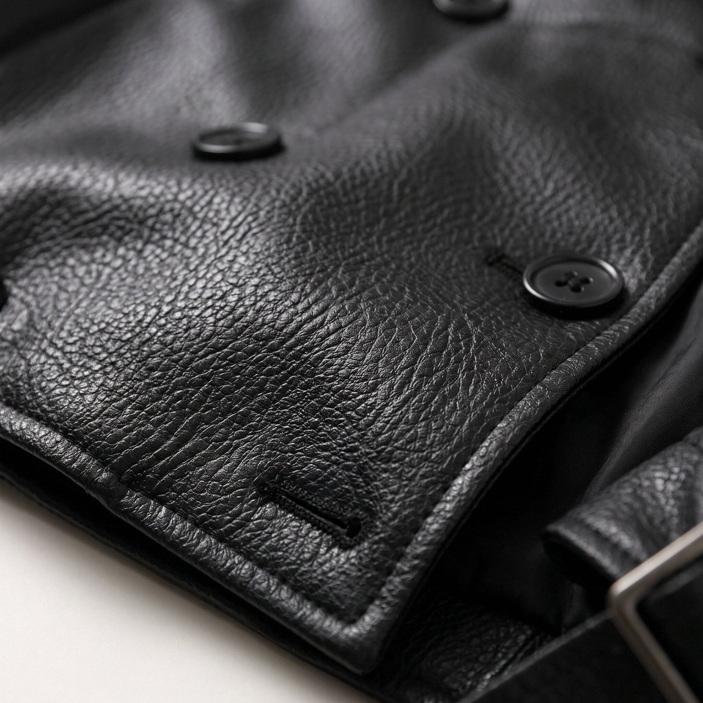 Oversized Black Faux Leather Jacket with Wide Lapels and Buckle Cuffs