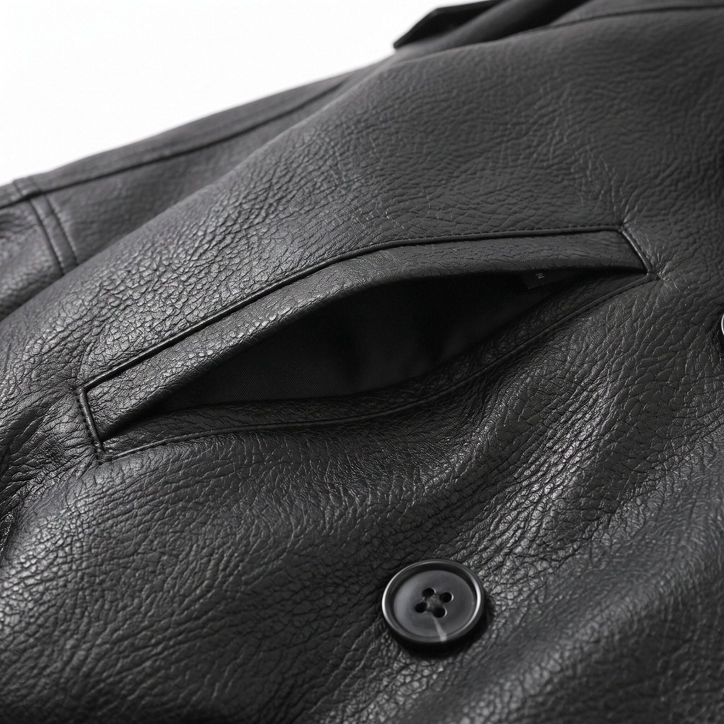 Oversized Black Faux Leather Jacket with Wide Lapels and Buckle Cuffs