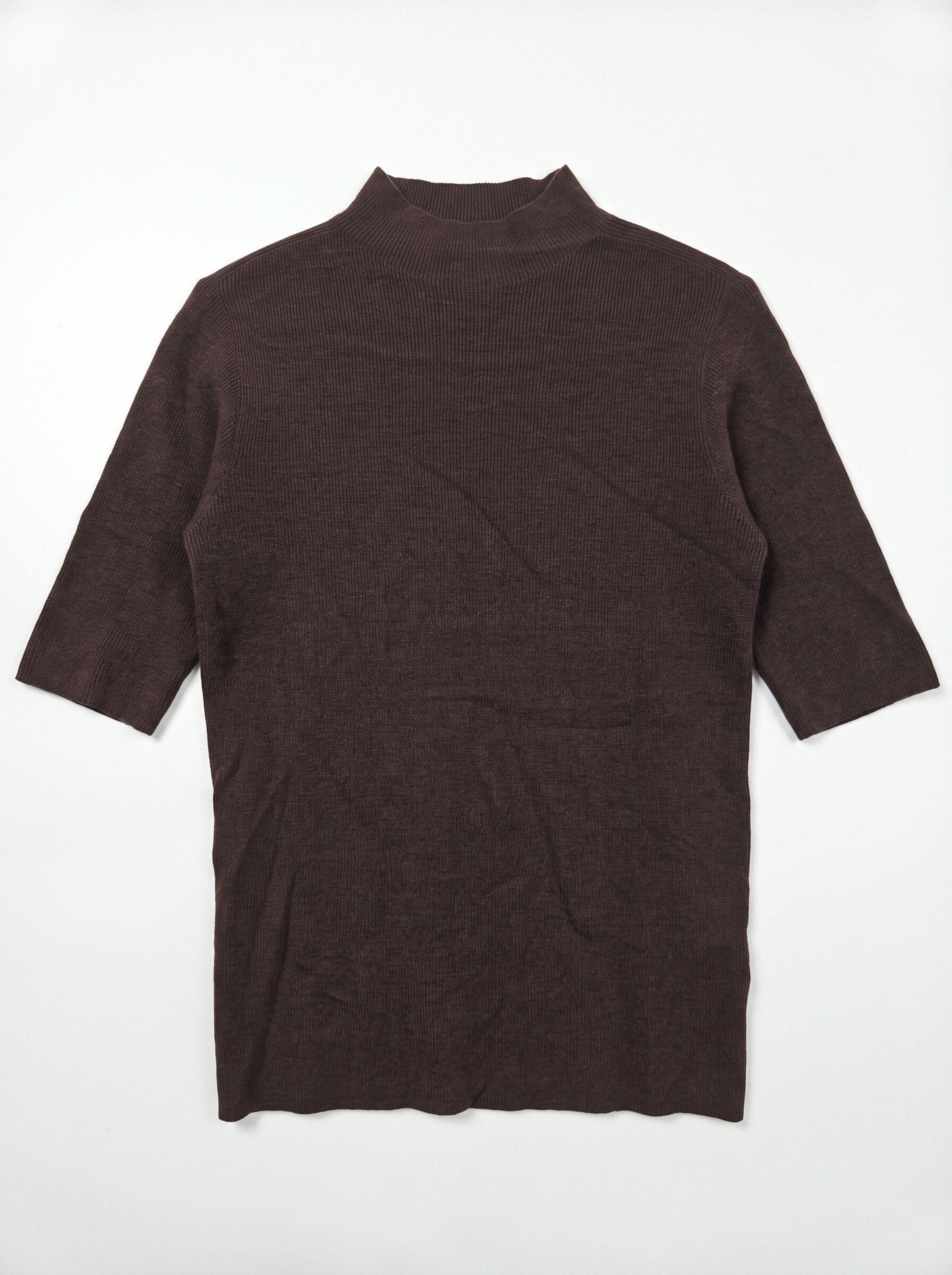 Women’s Brown Mock Neck Short Sleeve Knit Top | Minimalist Ribbed Sweater