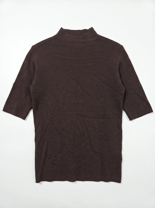 Women’s Brown Mock Neck Short Sleeve Knit Top | Minimalist Ribbed Sweater