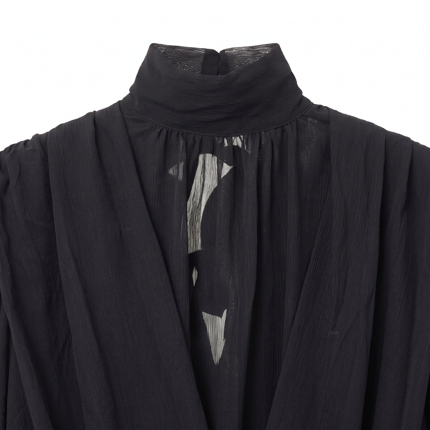 Women’s Black Sheer Wrap Blouse with High Neck and Long Sleeves