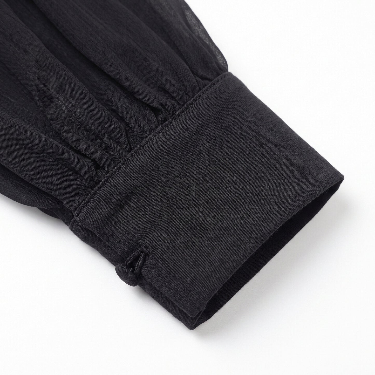 Women’s Black Sheer Wrap Blouse with High Neck and Long Sleeves