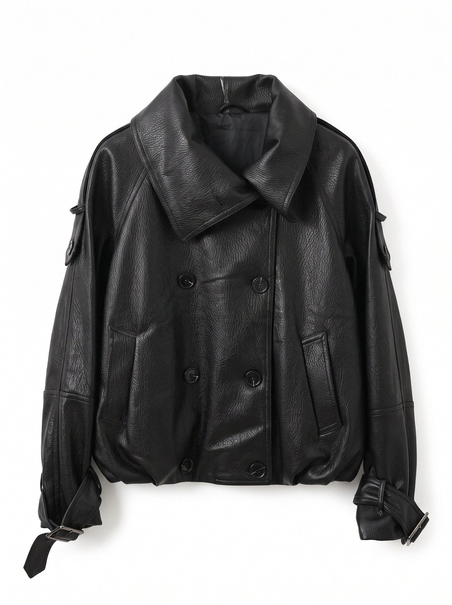 Oversized Black Faux Leather Jacket with Wide Lapels and Buckle Cuffs