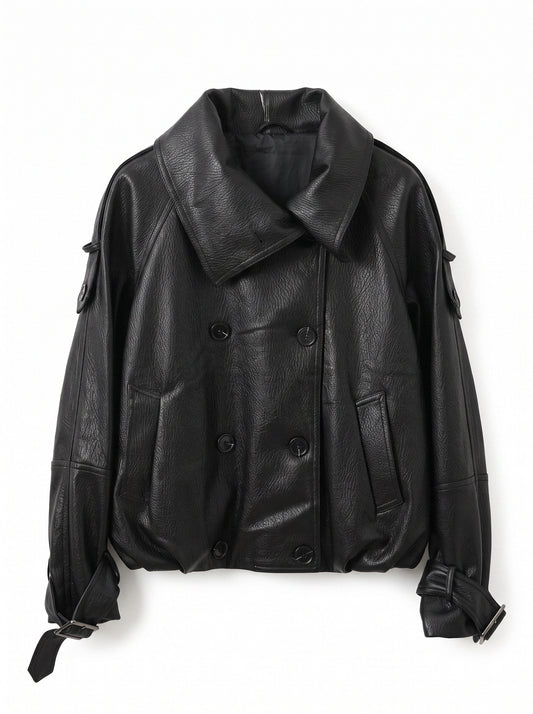 Oversized Black Faux Leather Jacket with Wide Lapels and Buckle Cuffs