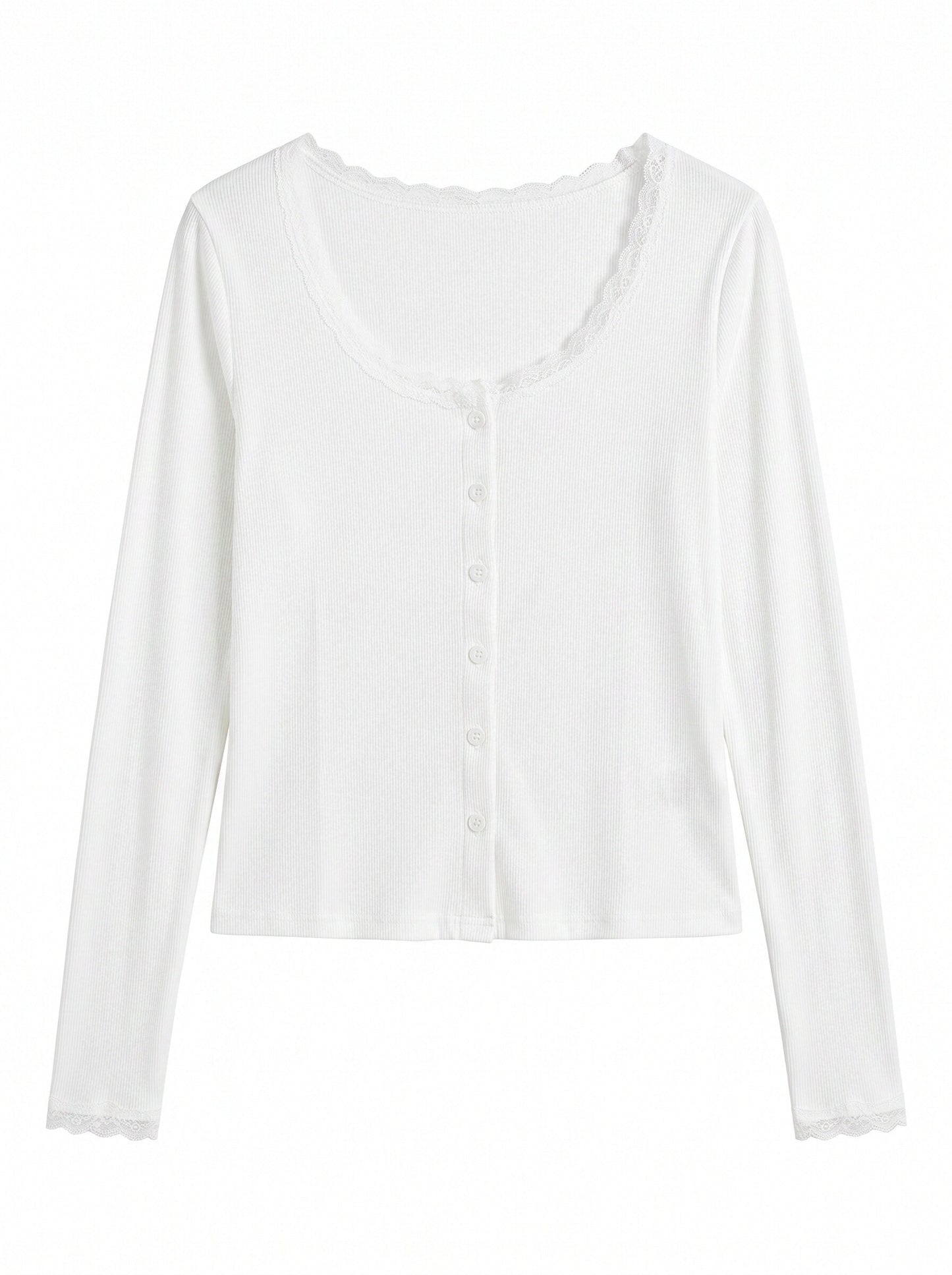 Women’s Lace Trim Ribbed Button Top – Long Sleeve Scoop Neck Cardigan