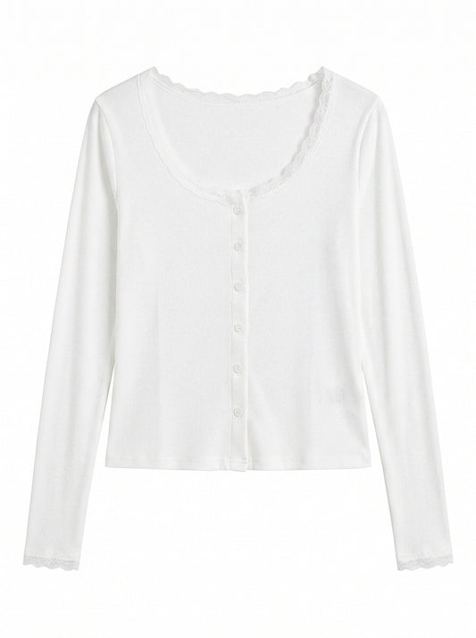 Women’s Lace Trim Ribbed Button Top – Long Sleeve Scoop Neck Cardigan