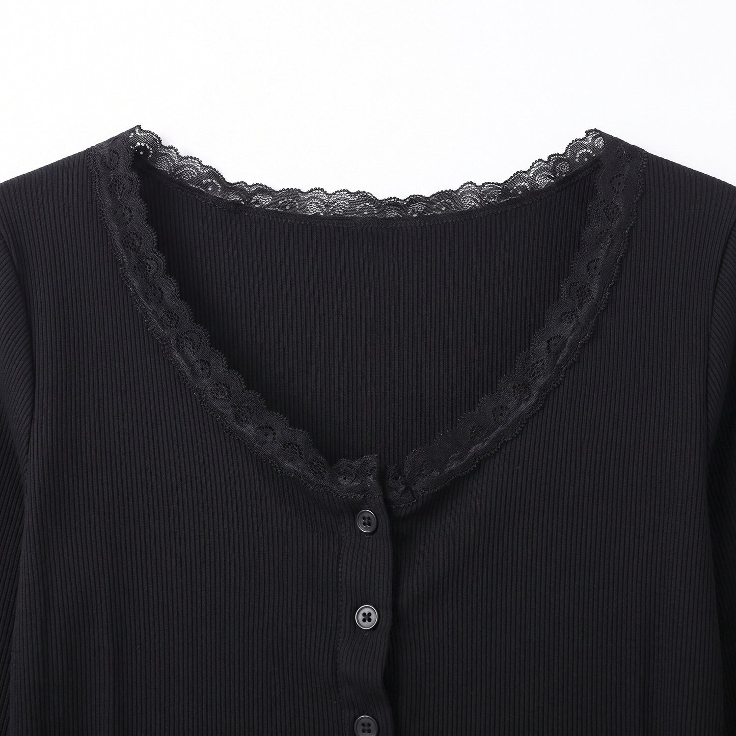 Women’s Lace Trim Ribbed Button Top – Long Sleeve Scoop Neck Cardigan