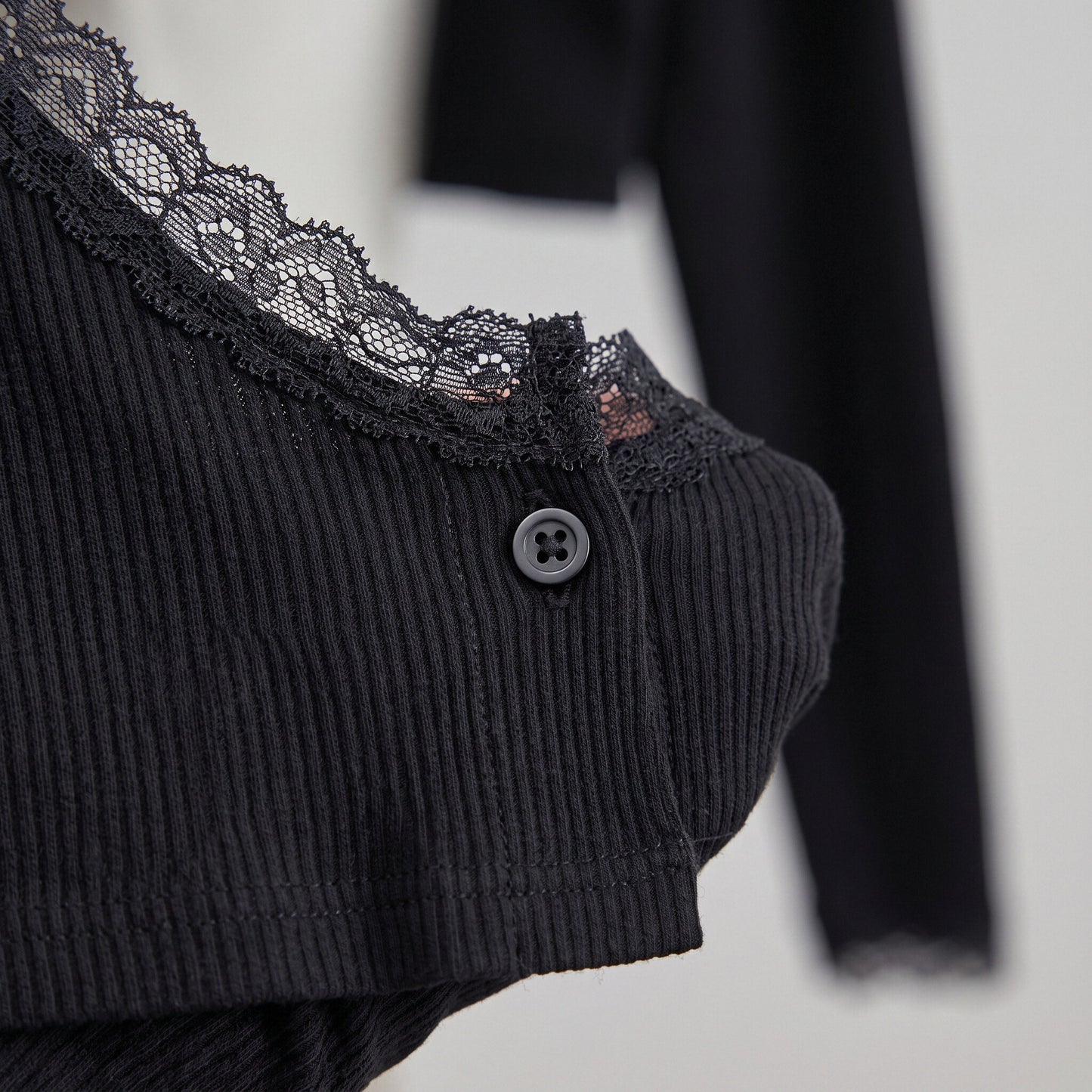 Women’s Lace Trim Ribbed Button Top – Long Sleeve Scoop Neck Cardigan