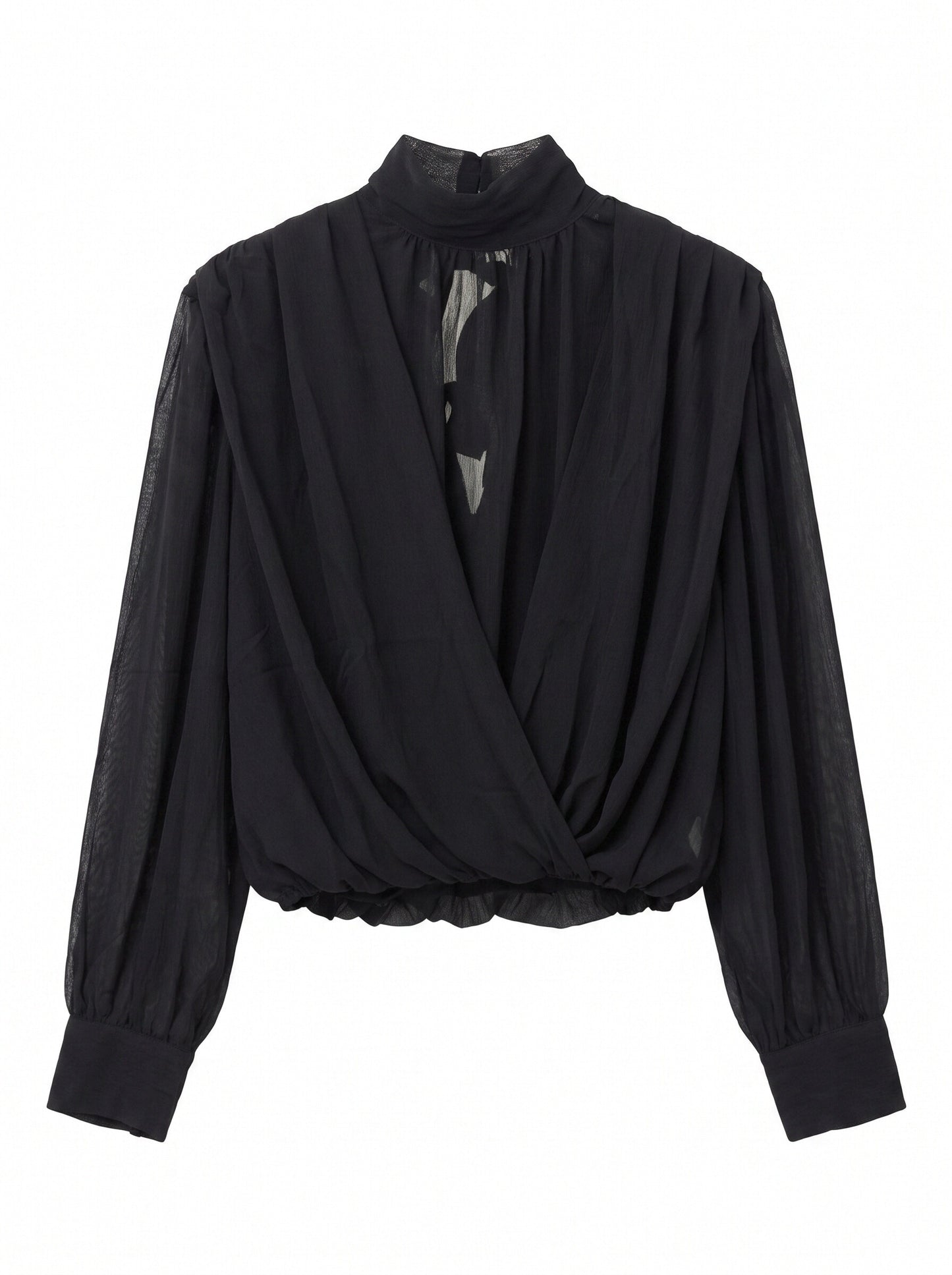 Women’s Black Sheer Wrap Blouse with High Neck and Long Sleeves