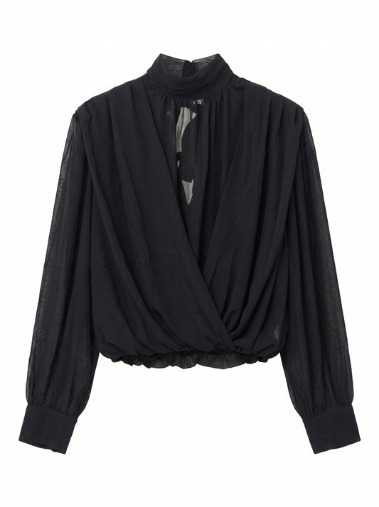 Women’s Black Sheer Wrap Blouse with High Neck and Long Sleeves