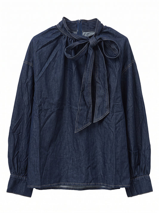 Women’s Dark Blue Denim Bow Neck Blouse – Oversized Long Sleeve Top