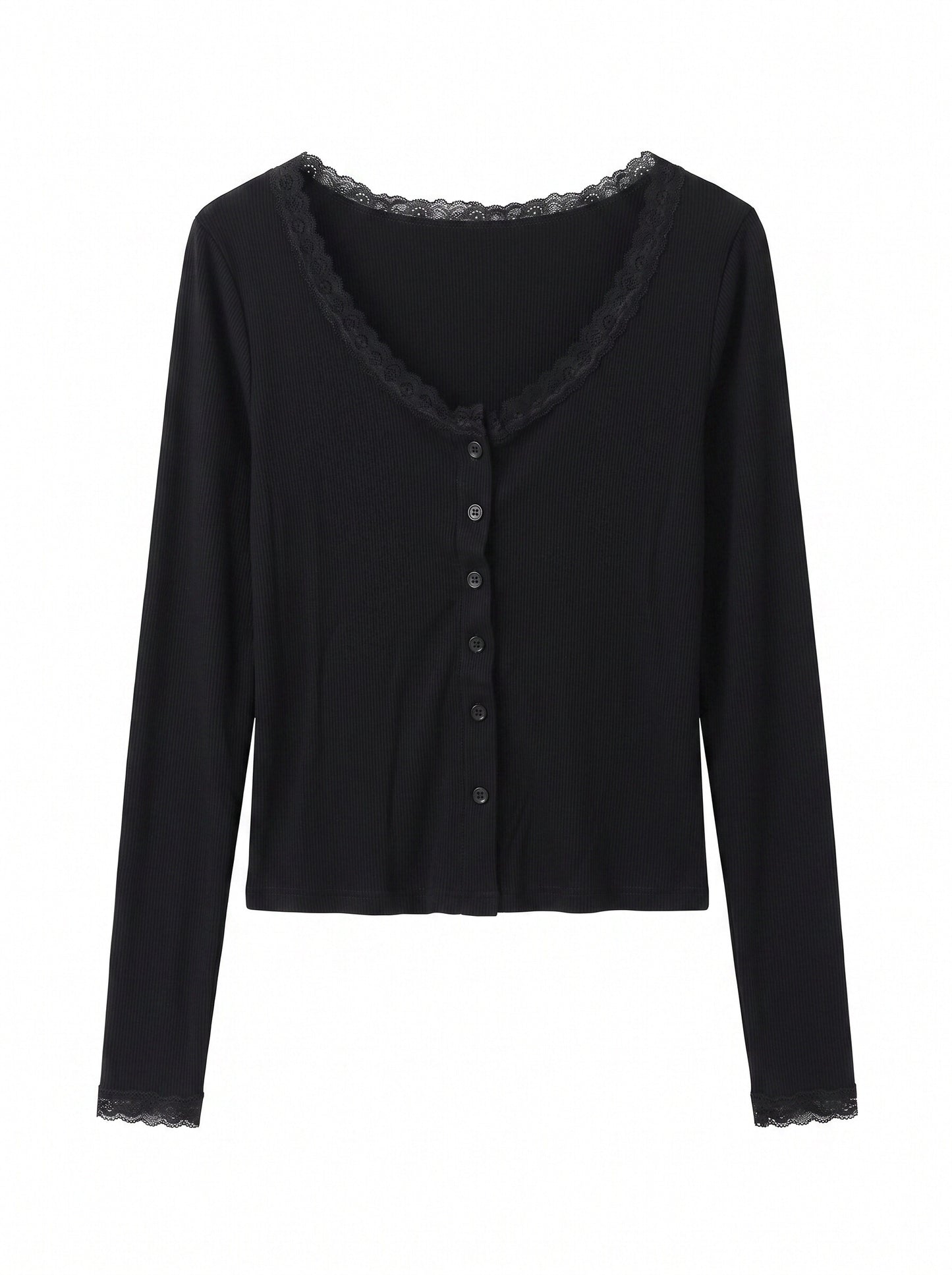 Women’s Lace Trim Ribbed Button Top – Long Sleeve Scoop Neck Cardigan