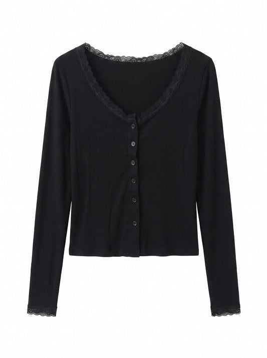 Women’s Lace Trim Ribbed Button Top – Long Sleeve Scoop Neck Cardigan