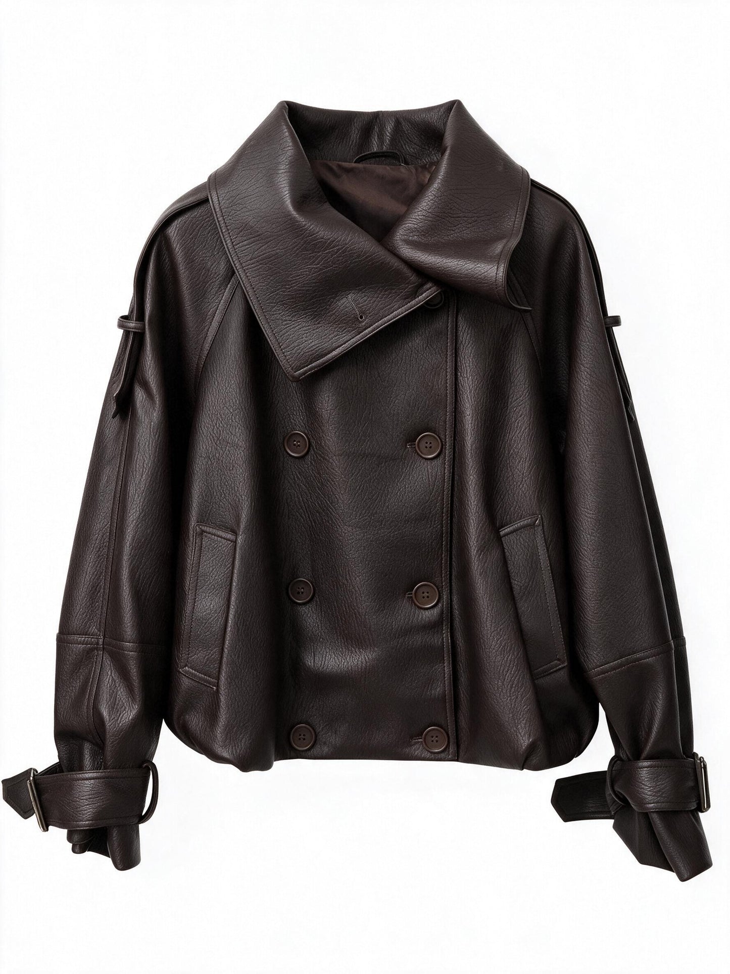 Oversized Black Faux Leather Jacket with Wide Lapels and Buckle Cuffs