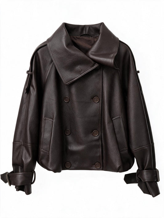 Oversized Black Faux Leather Jacket with Wide Lapels and Buckle Cuffs