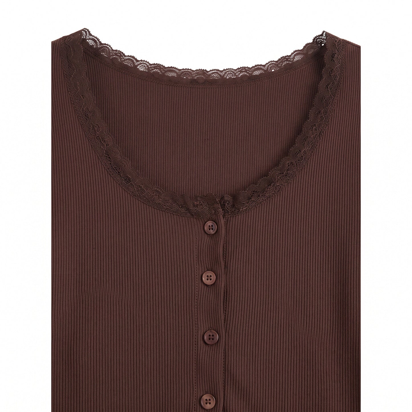 Women’s Lace Trim Ribbed Button Top – Long Sleeve Scoop Neck Cardigan