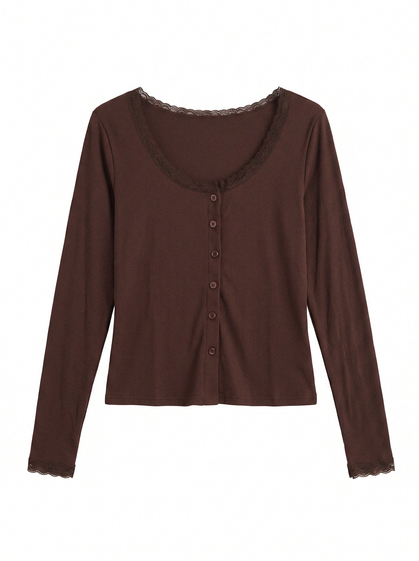 Women’s Lace Trim Ribbed Button Top – Long Sleeve Scoop Neck Cardigan