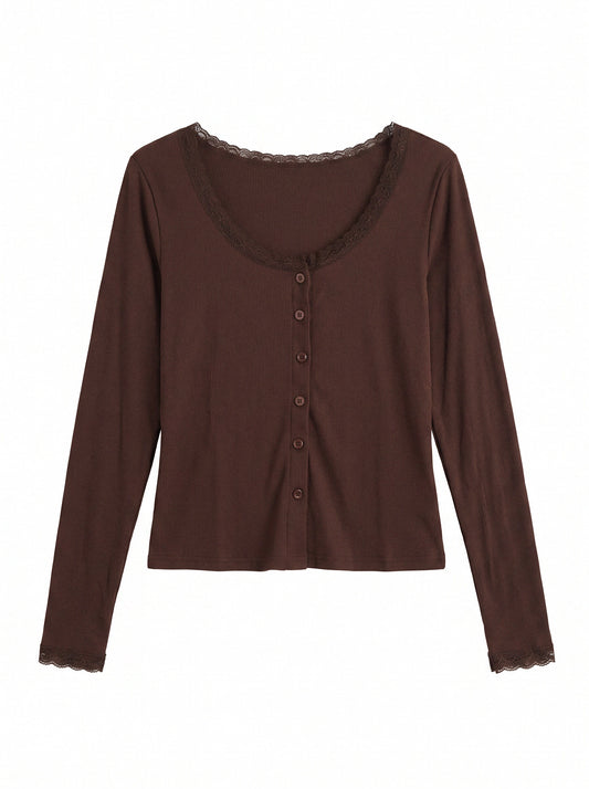 Women’s Lace Trim Ribbed Button Top – Long Sleeve Scoop Neck Cardigan