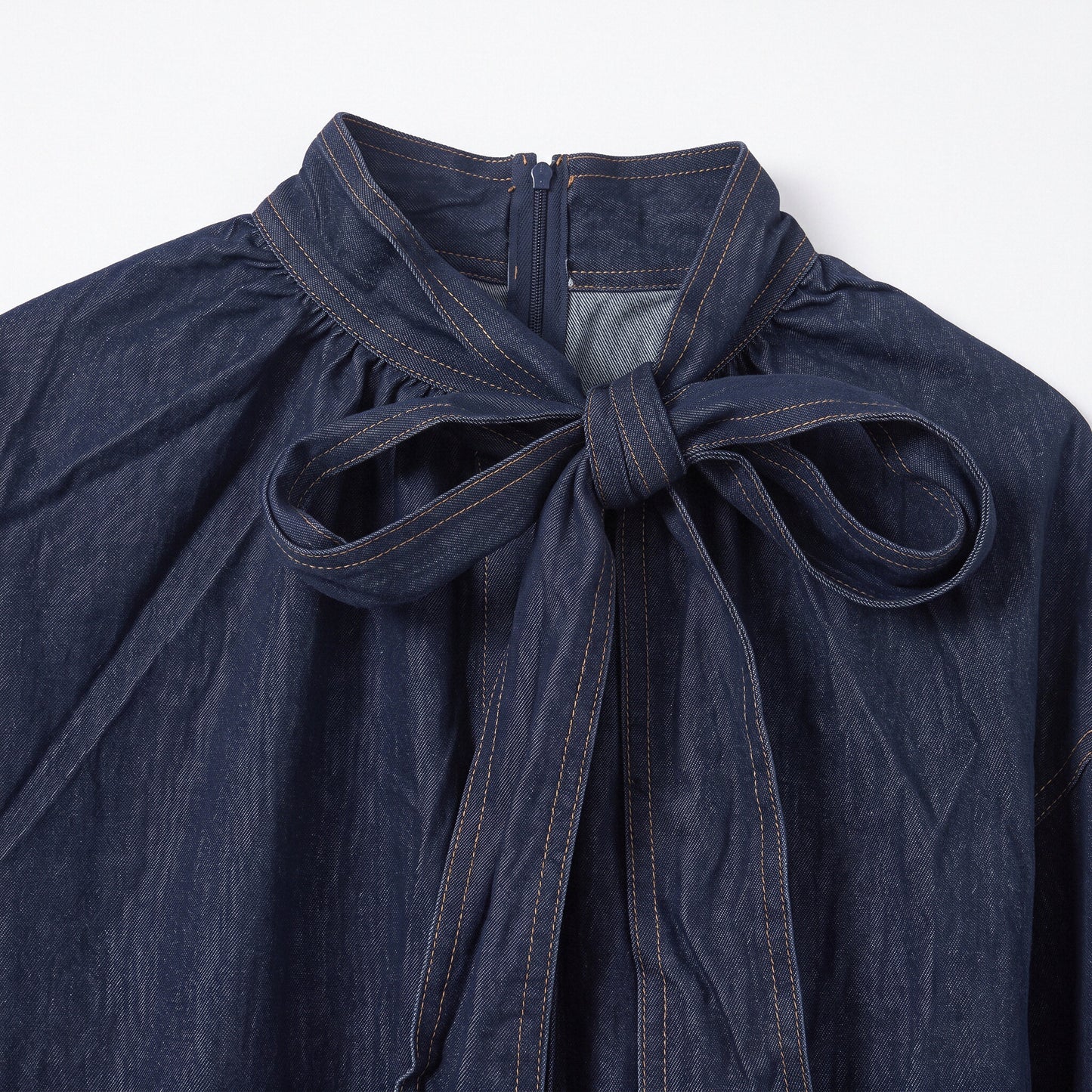 Women’s Dark Blue Denim Bow Neck Blouse – Oversized Long Sleeve Top