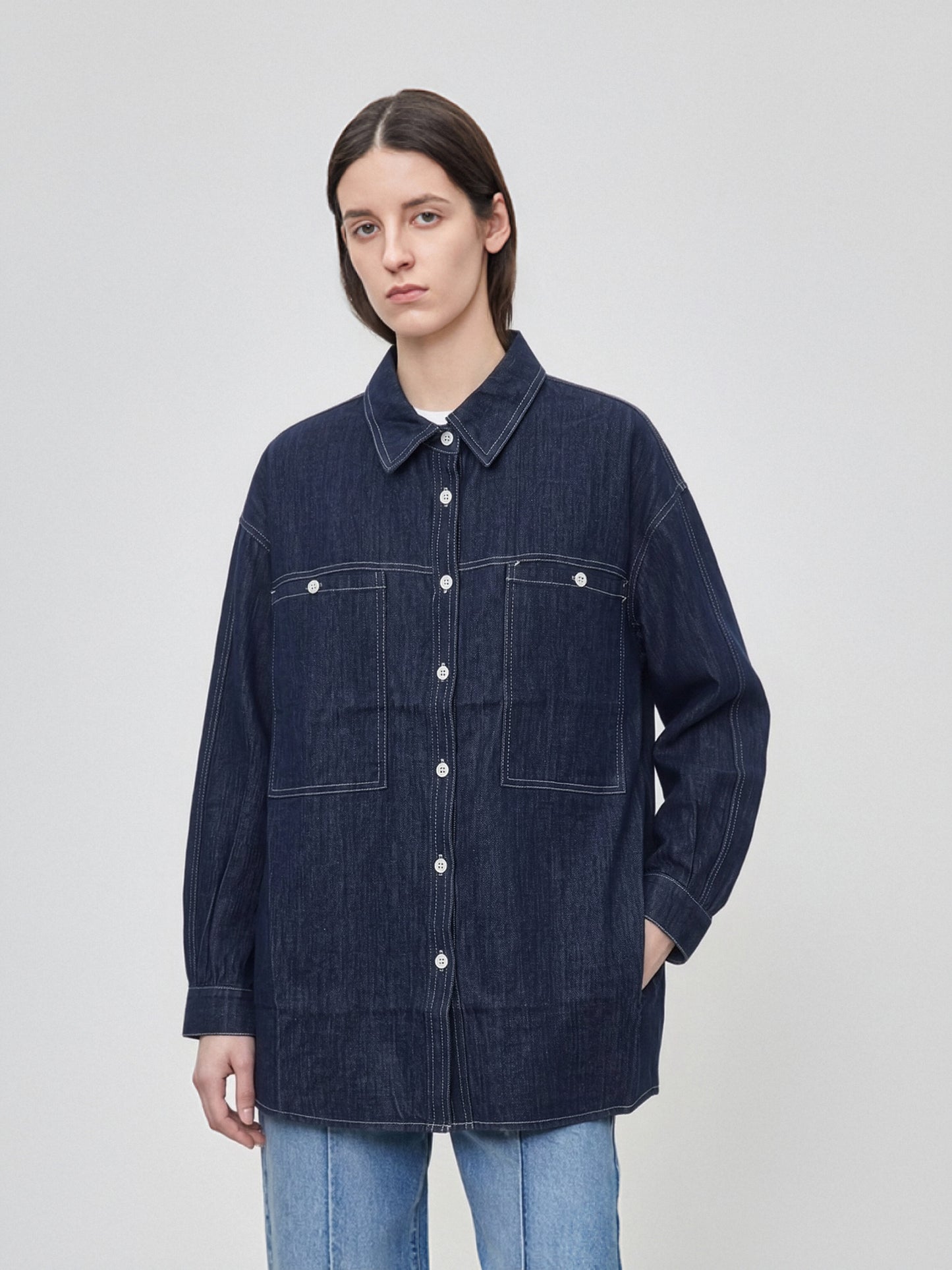 Women’s Oversized Dark Blue Denim Shirt with Large Front Pockets