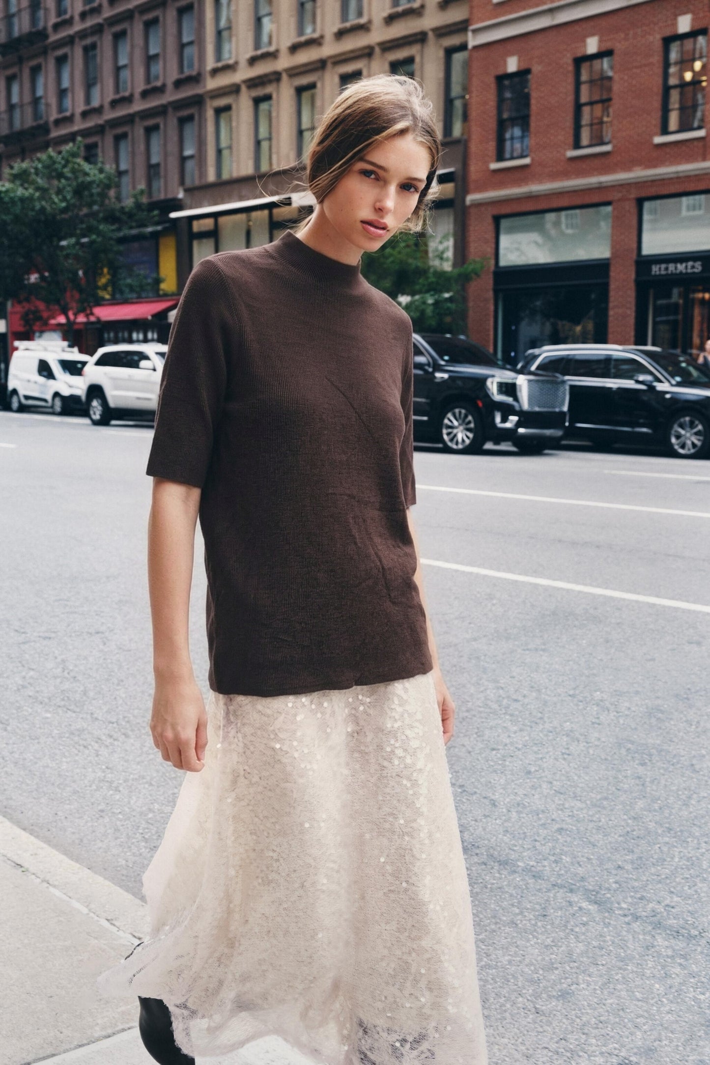 Women’s Brown Mock Neck Short Sleeve Knit Top | Minimalist Ribbed Sweater