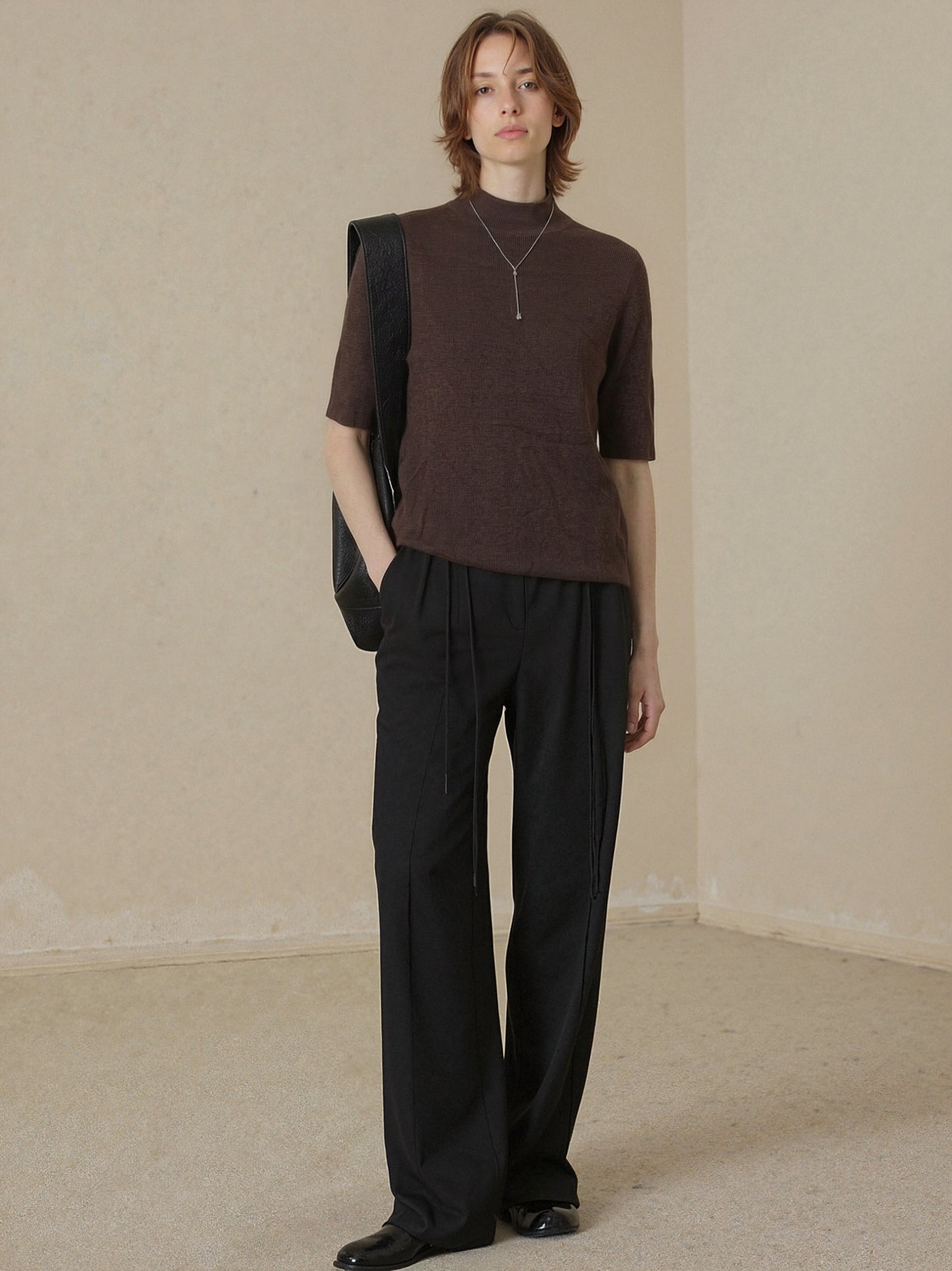 Women’s Brown Mock Neck Short Sleeve Knit Top | Minimalist Ribbed Sweater