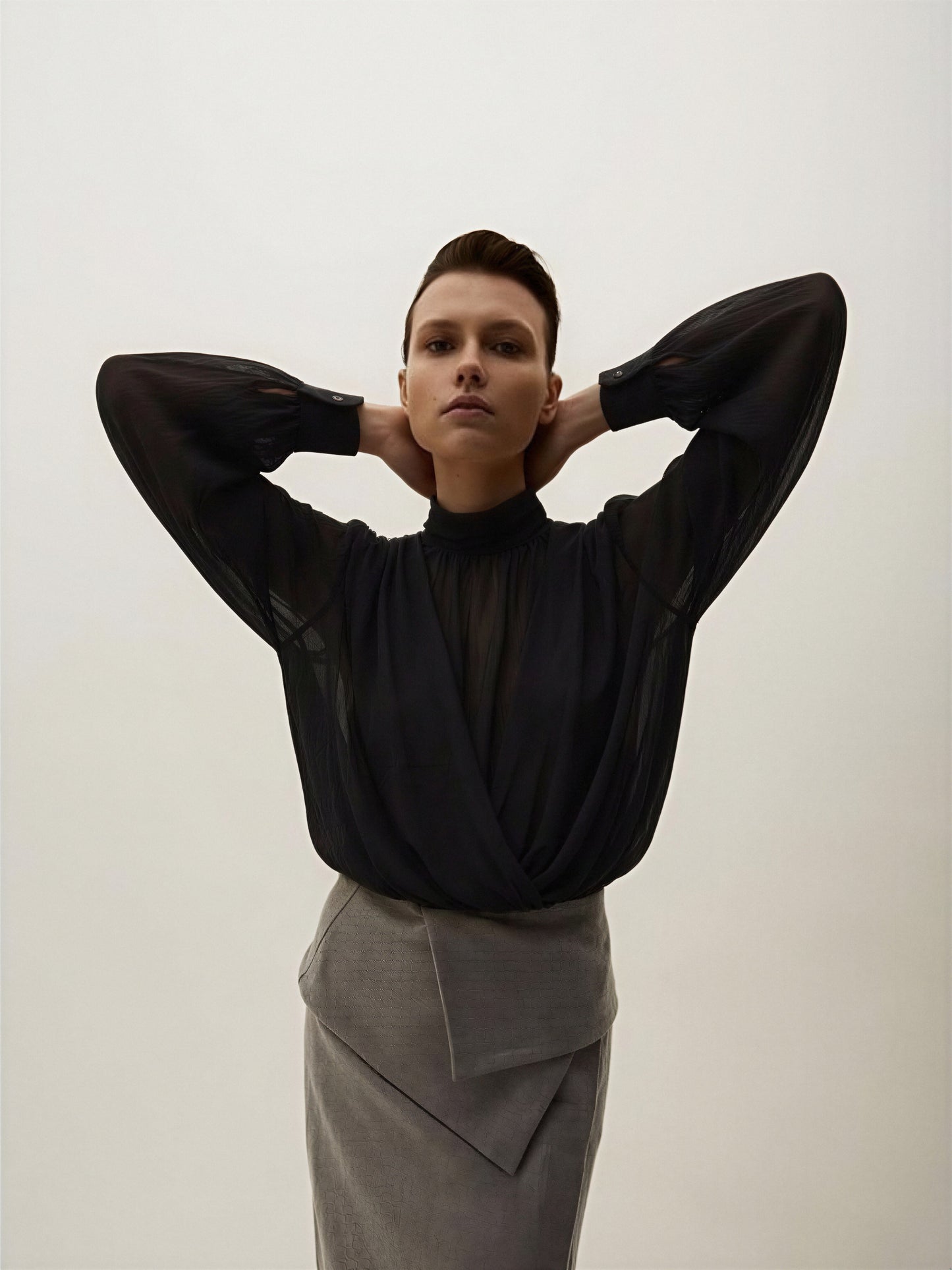Women’s Black Sheer Wrap Blouse with High Neck and Long Sleeves