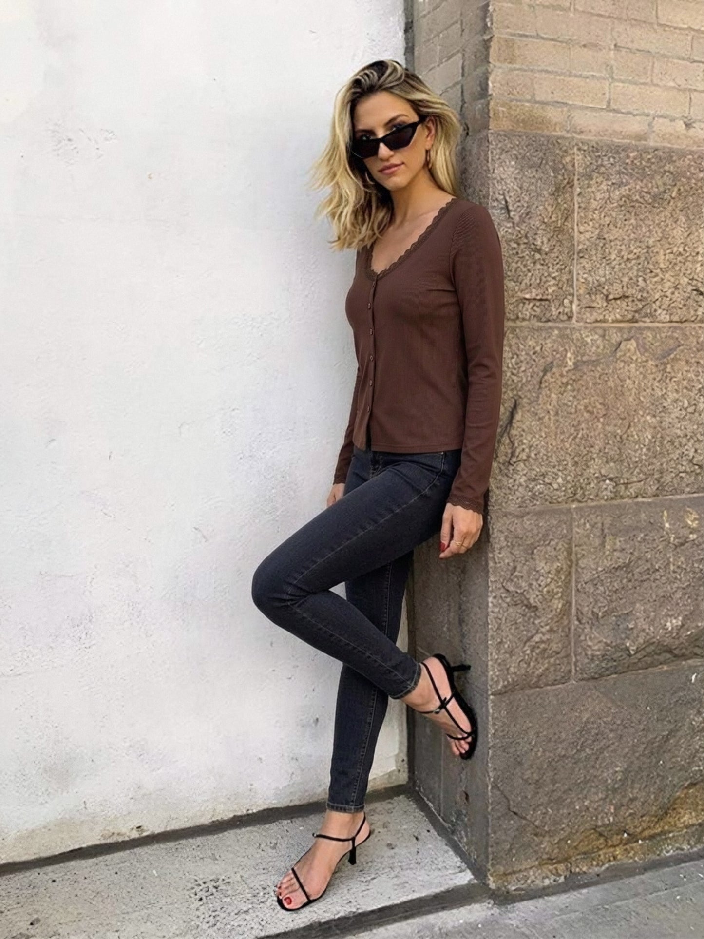 Women’s Lace Trim Ribbed Button Top – Long Sleeve Scoop Neck Cardigan