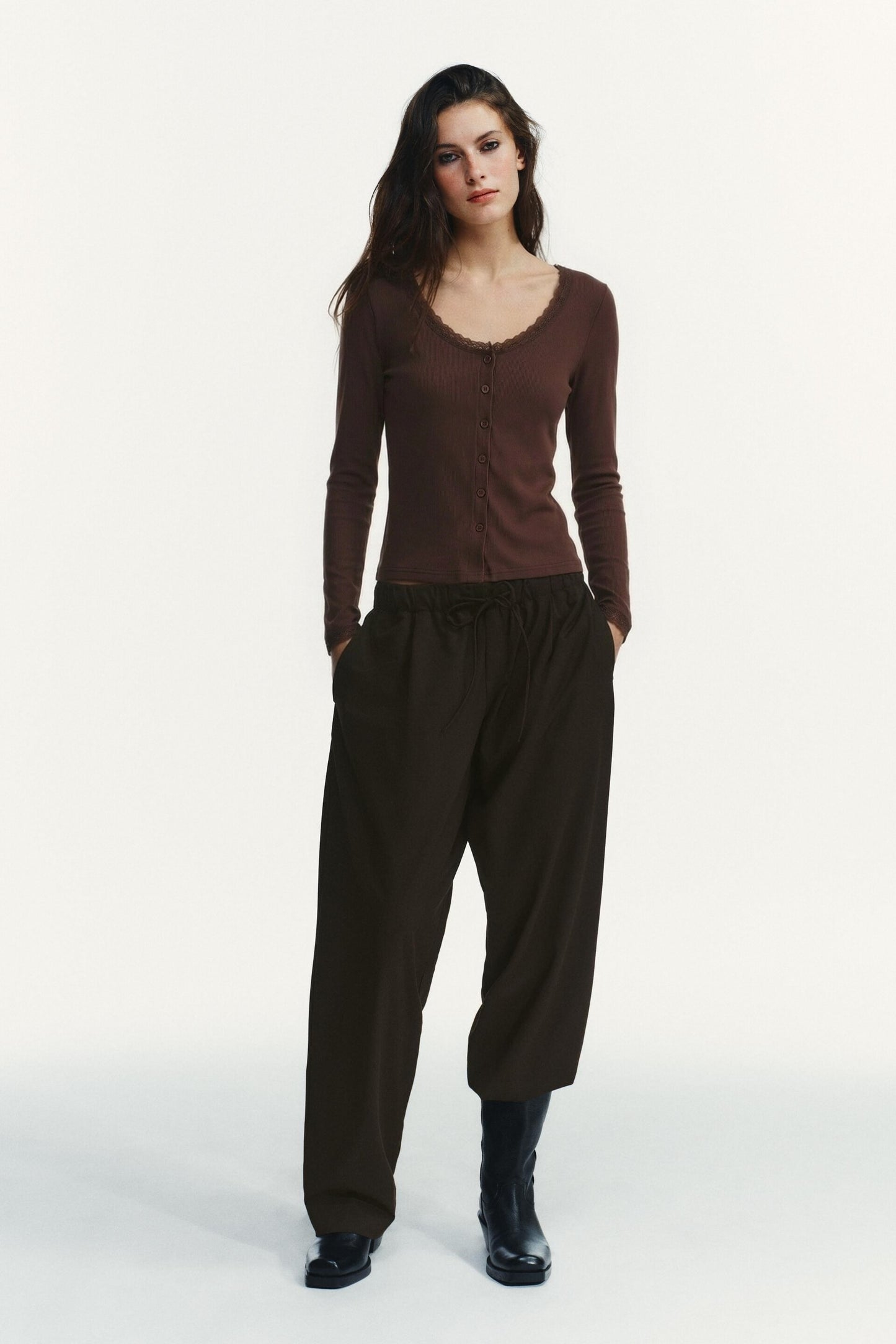 Women’s Lace Trim Ribbed Button Top – Long Sleeve Scoop Neck Cardigan