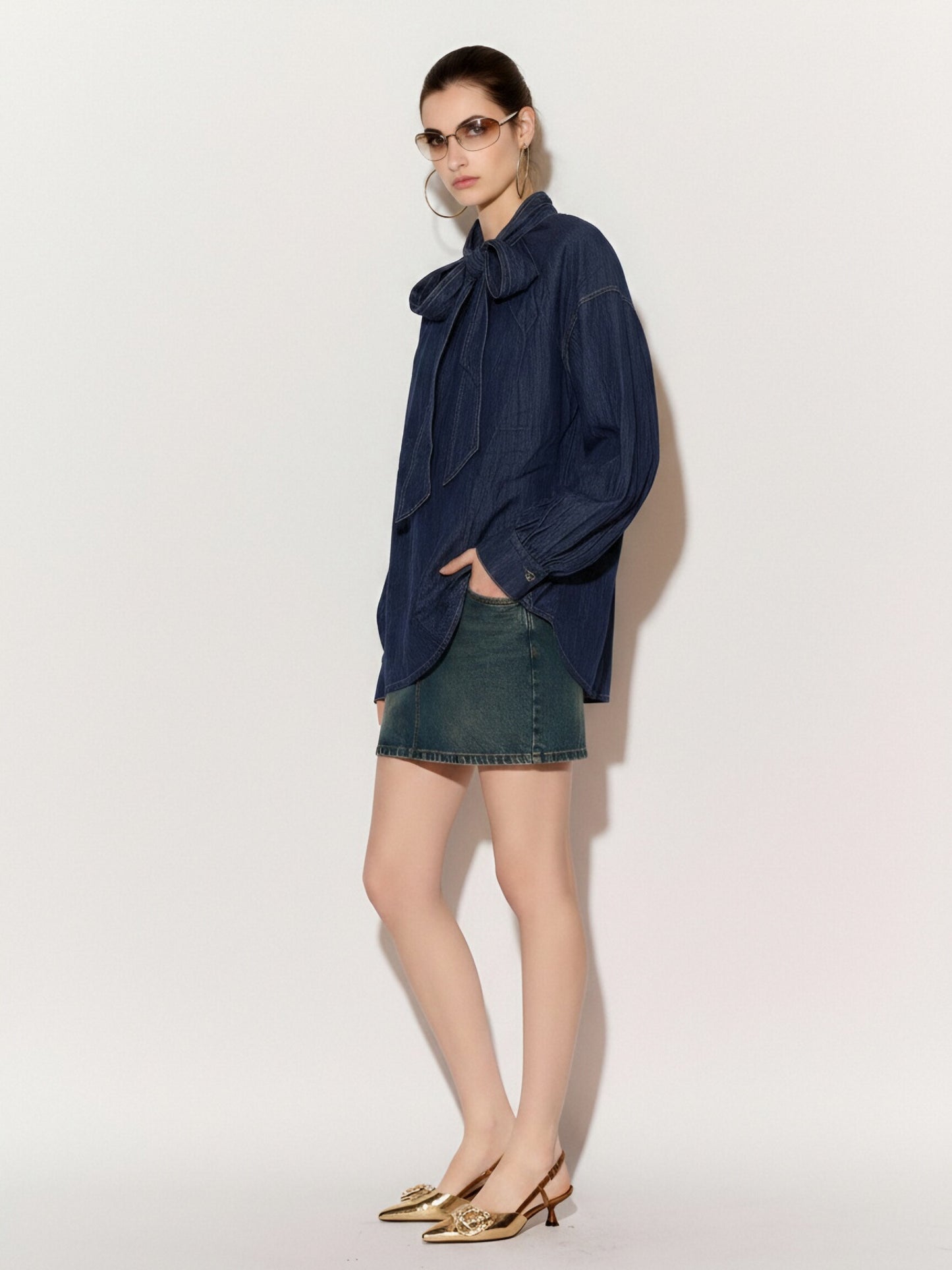 Women’s Dark Blue Denim Bow Neck Blouse – Oversized Long Sleeve Top