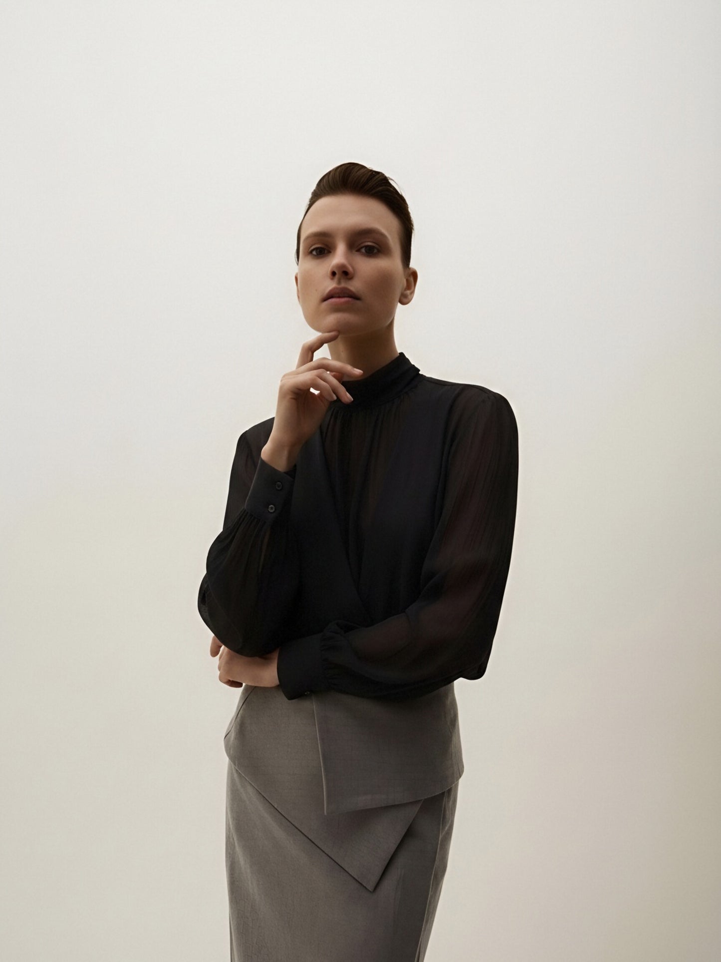 Women’s Black Sheer Wrap Blouse with High Neck and Long Sleeves