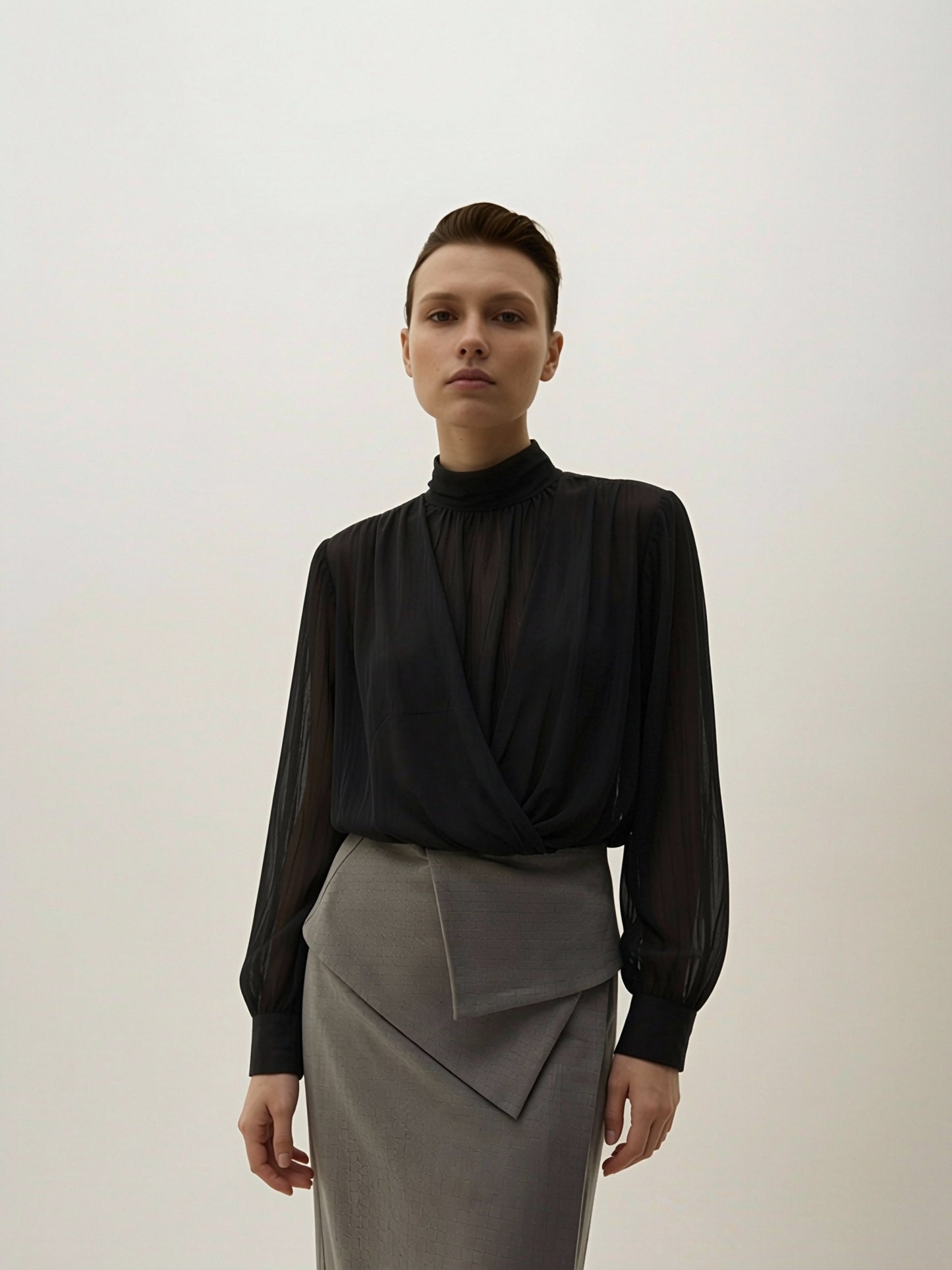 Women’s Black Sheer Wrap Blouse with High Neck and Long Sleeves
