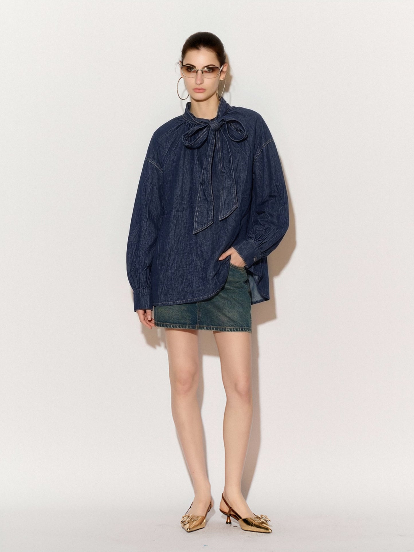 Women’s Dark Blue Denim Bow Neck Blouse – Oversized Long Sleeve Top