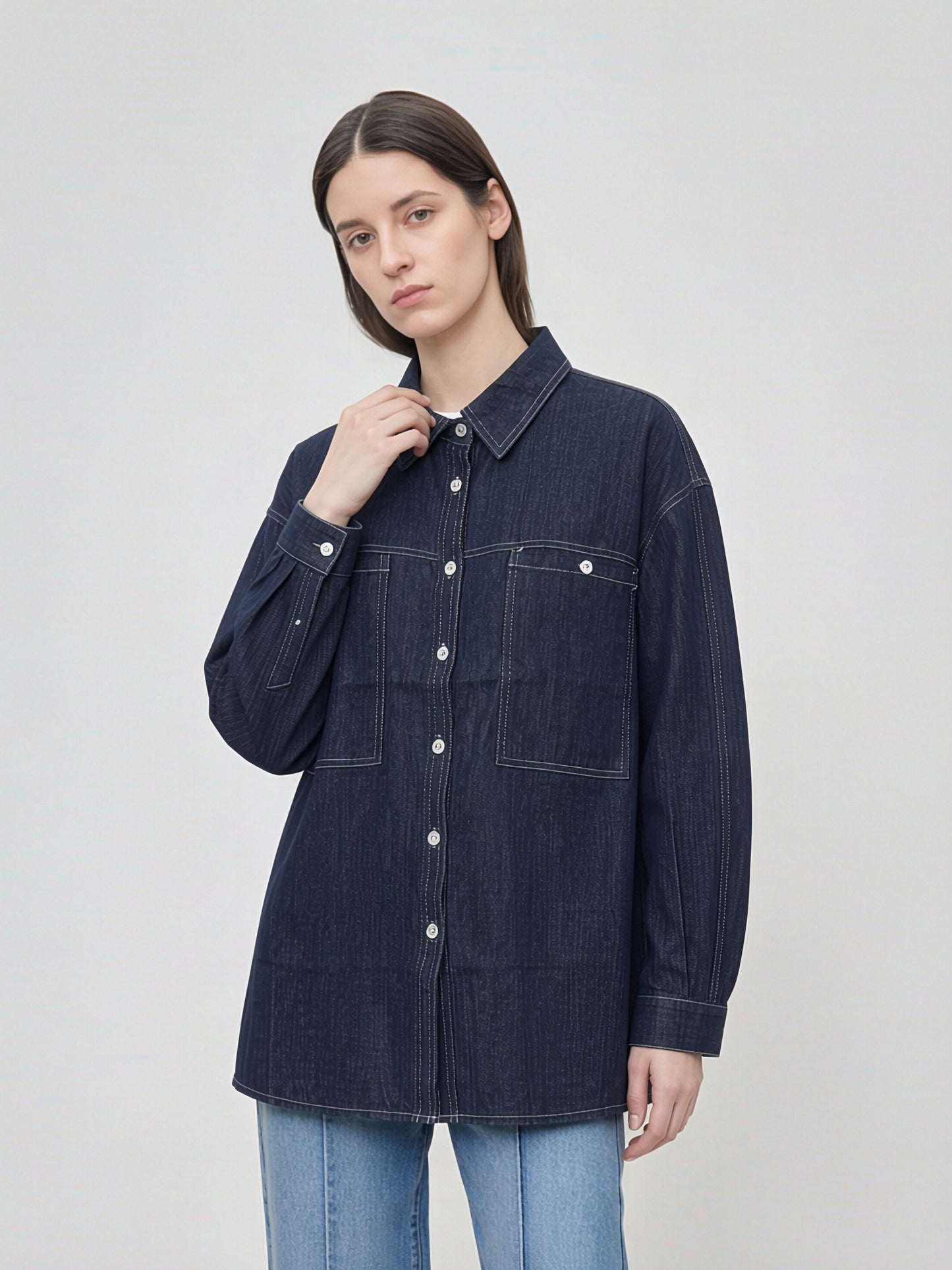 Women’s Oversized Dark Blue Denim Shirt with Large Front Pockets