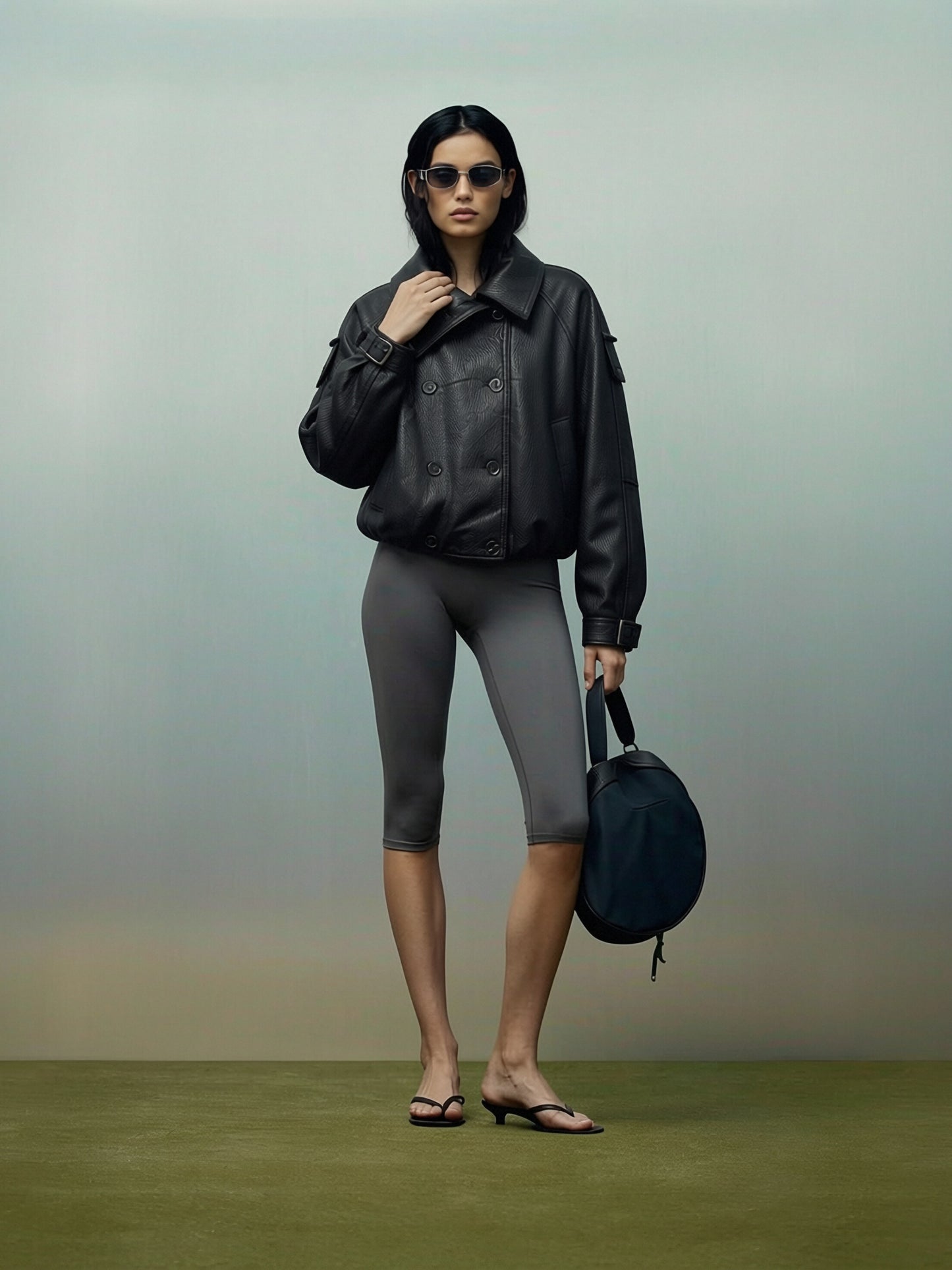 Oversized Black Faux Leather Jacket with Wide Lapels and Buckle Cuffs
