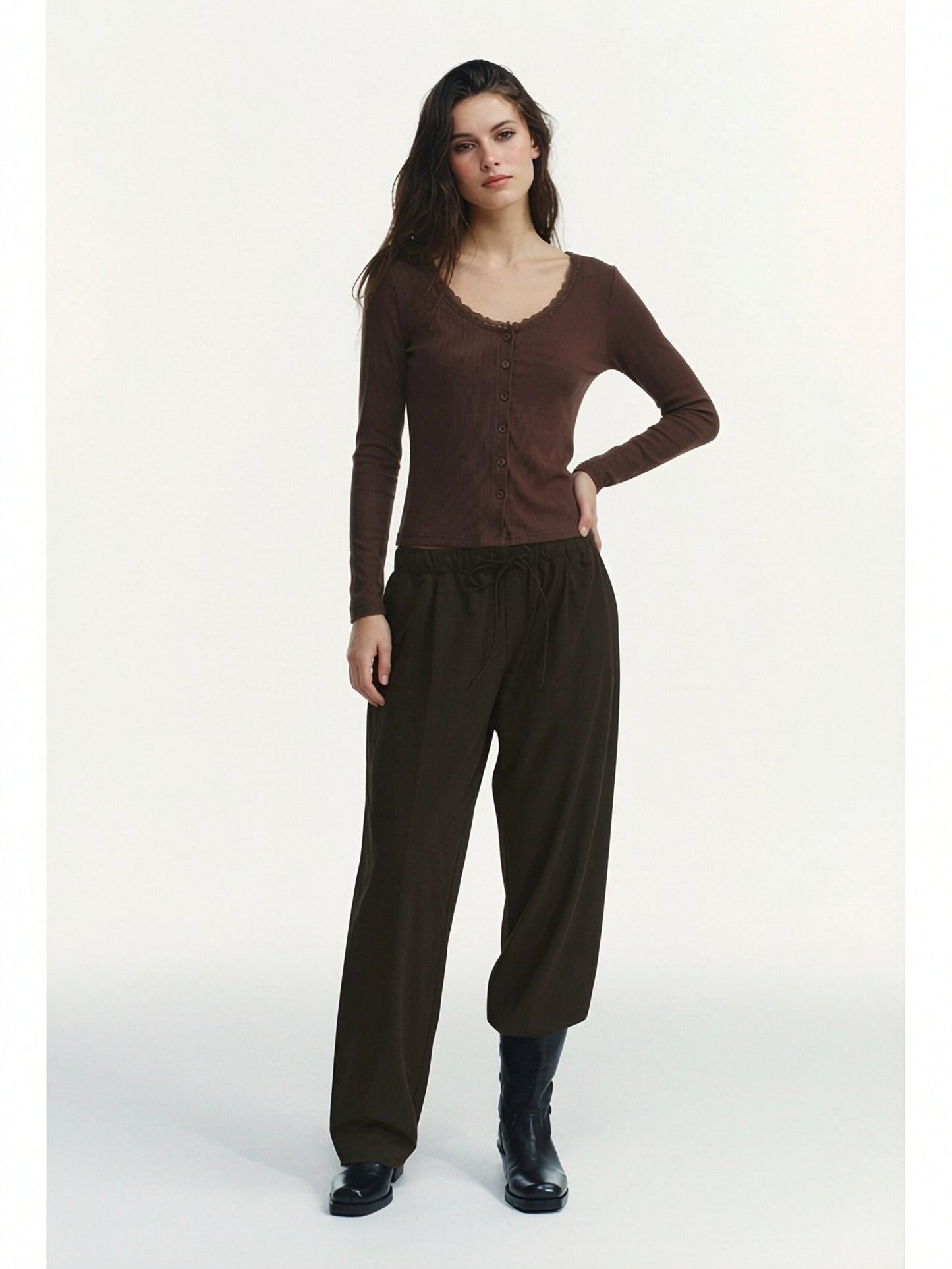 Women’s Lace Trim Ribbed Button Top – Long Sleeve Scoop Neck Cardigan