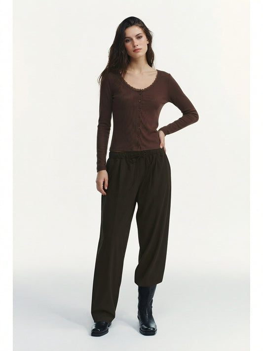 Women’s Lace Trim Ribbed Button Top – Long Sleeve Scoop Neck Cardigan