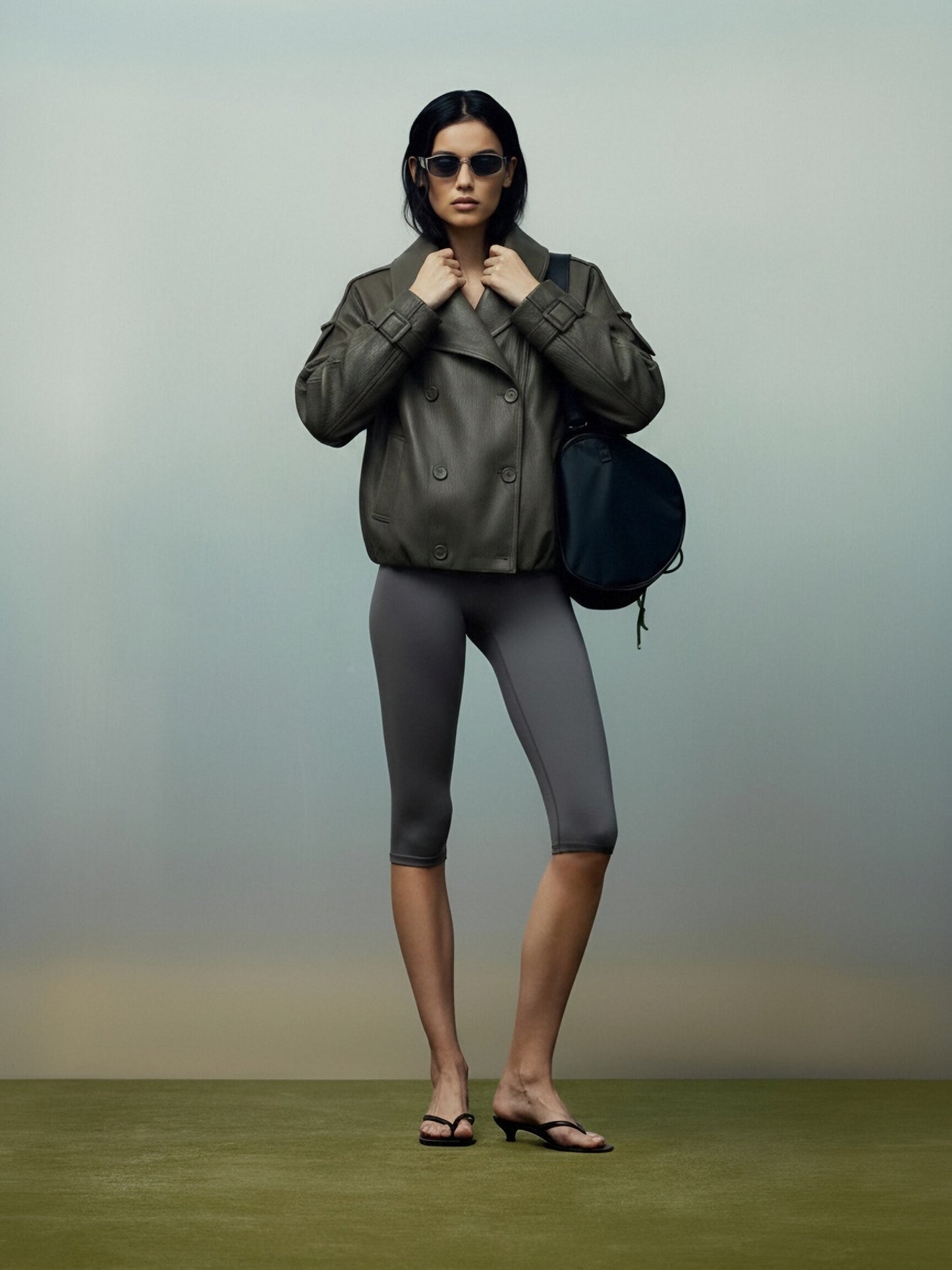 Oversized Black Faux Leather Jacket with Wide Lapels and Buckle Cuffs