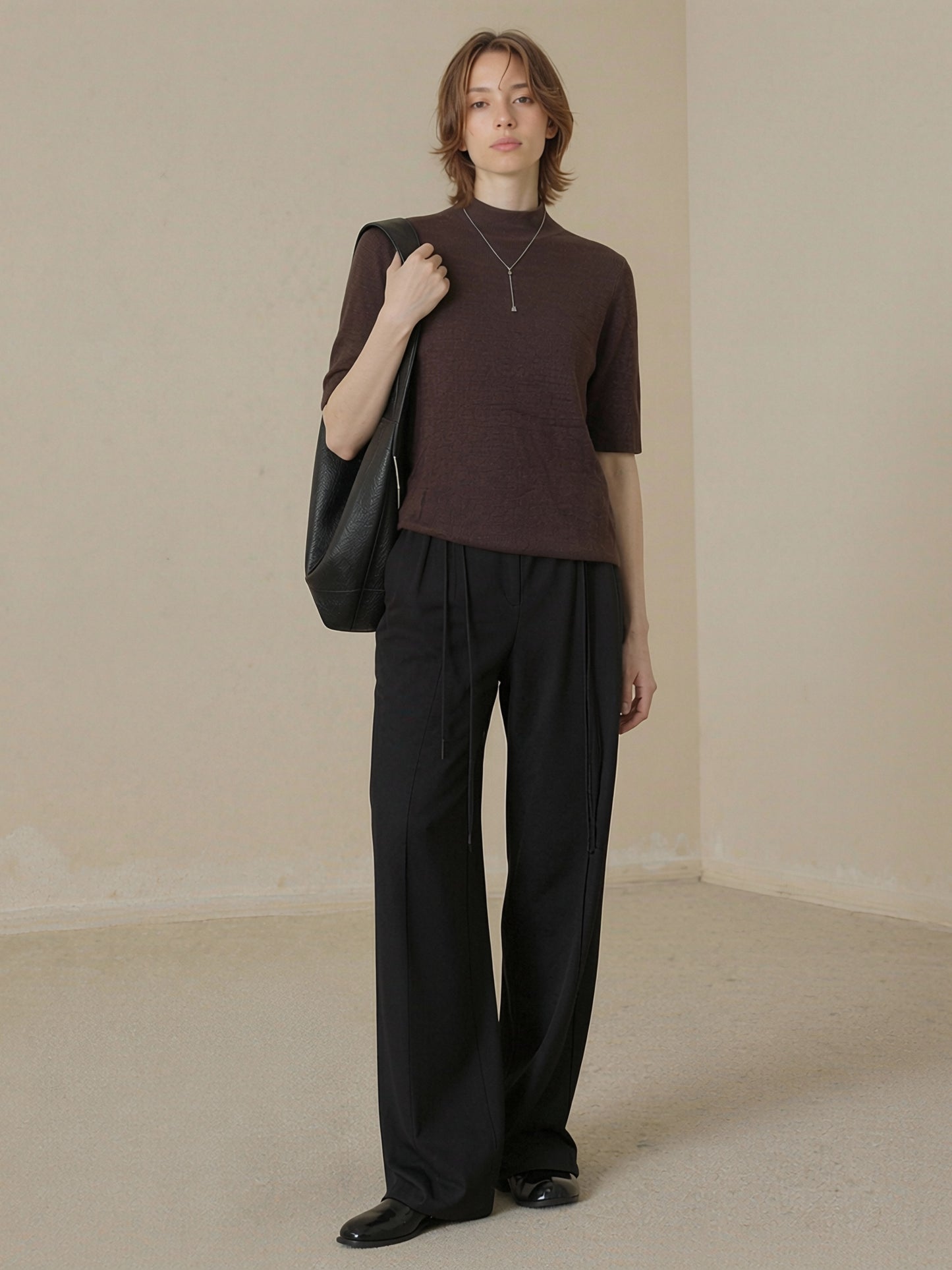 Women’s Brown Mock Neck Short Sleeve Knit Top | Minimalist Ribbed Sweater