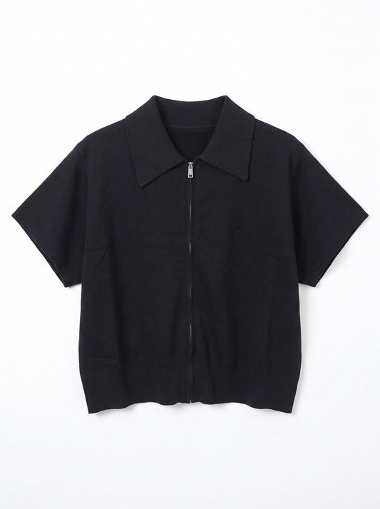 Women’s Knitted Zip-Up Polo Top – Oversized Short Sleeve Collared Cardigan