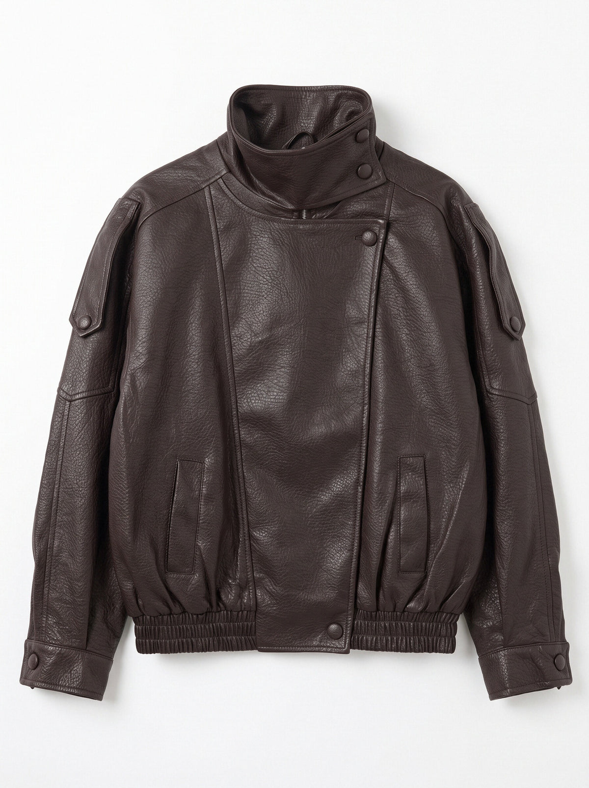 Women’s Oversized Brown Faux Leather Bomber Jacket – High Neck Biker Style Zip-Up Coat