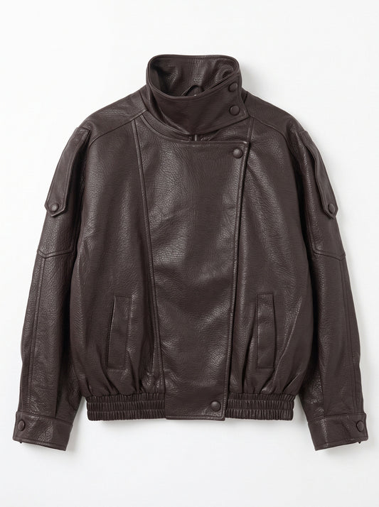 Women’s Oversized Brown Faux Leather Bomber Jacket – High Neck Biker Style Zip-Up Coat